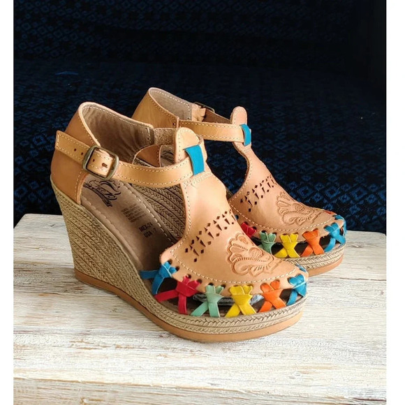 Mexican Platform Espadrille Sandal Huarache Leather Tan with Colorful Accents 7M - Picture 7 of 10